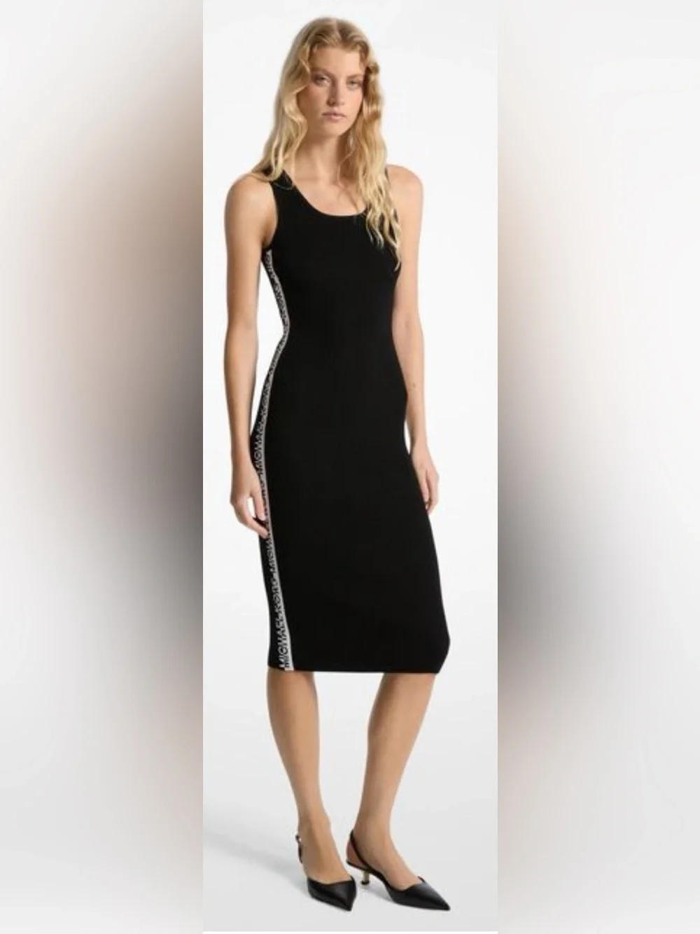 Michael Kors Black Ribbed Sleeveless Bodycon Dress with Logo Side Stripe